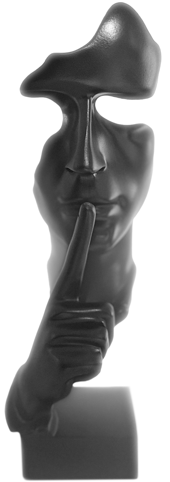Ein schwarzer Statuenkopf. Der Finger ist an den Lippen und signalisiert die Schweigepflicht